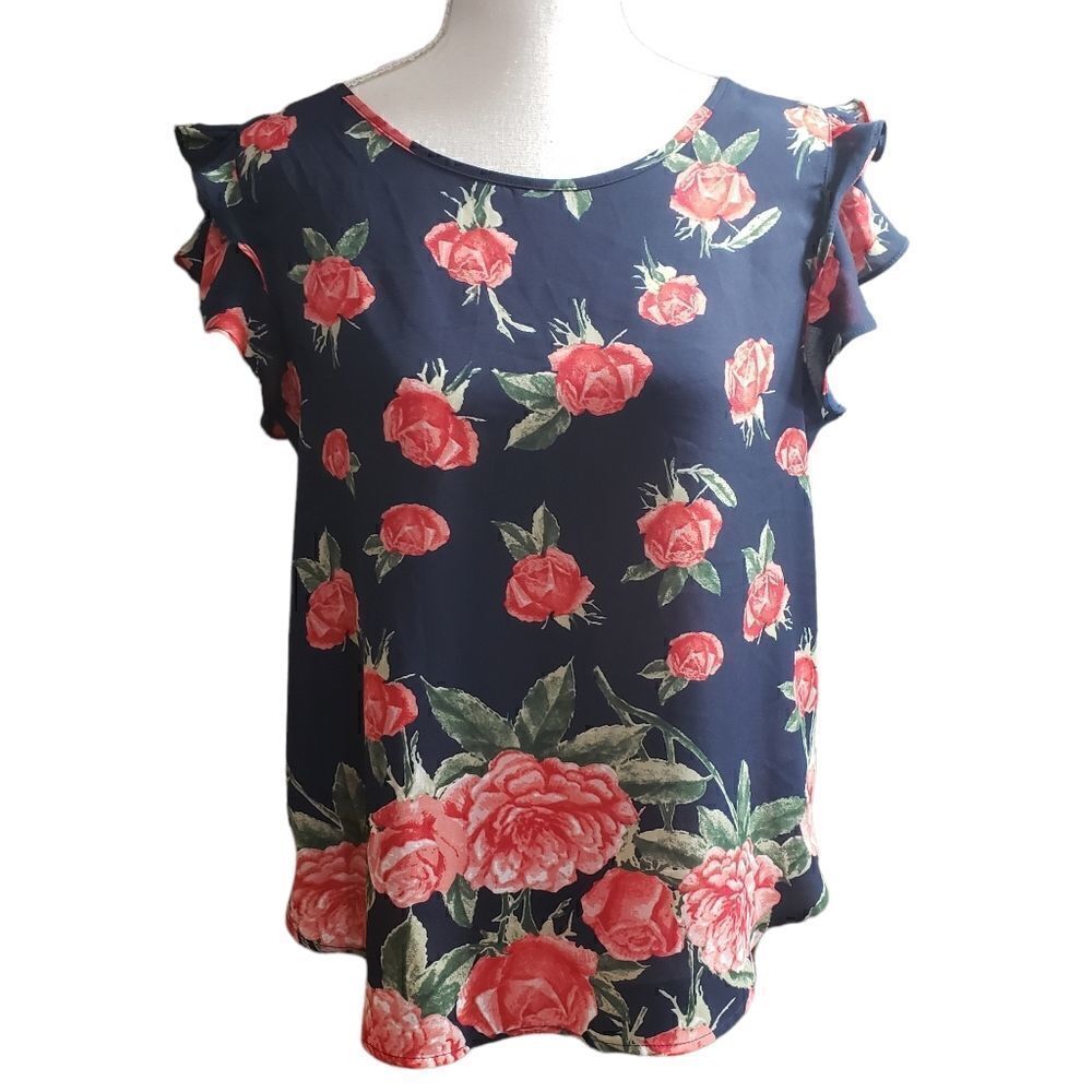OLM Navy Res Roses Print Sheer Double Layer Ruffle Sleeves Sz M